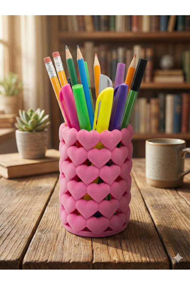 Heart Patterned Pink Desktop Pen Holder and Organizer