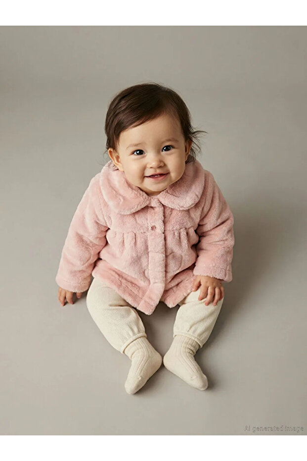 Lcw Baby Pink Peter Pan collar Baby Girl Plush Coat