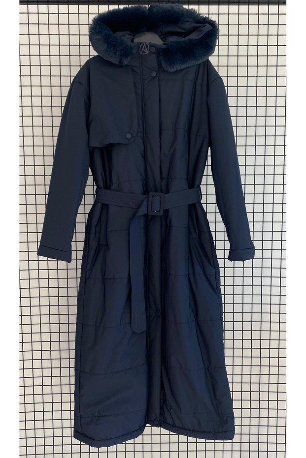 Fur Hooded Zippered Belted Puffer Coat