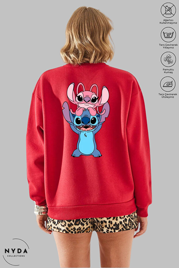 Unisex Long Sleeve Angel and Stitch Back Printed Crew Neck Hoodless Fleece-Lined Oversized Sweatshirt