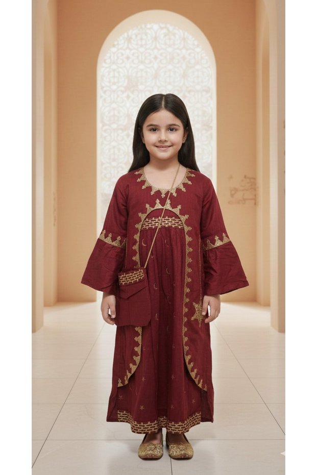 Girls Gold Embroidered Ramadan Kaftan Frock with Cross Body Pouch