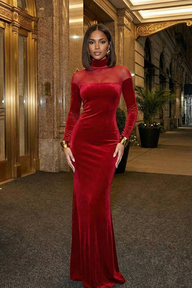 Velvet Evening Dress with Tulle Shoulder Cut-Out Mermaid Model