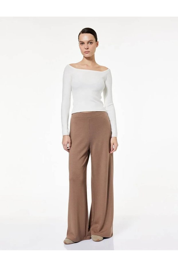 Elastic Waist Straight Wide Leg Brown Women's Trousers 6Wak40100Ek