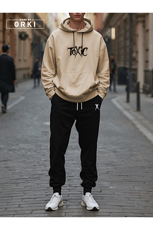 Toxic Printed Beige Oversize Hoodie & Black Jogger Tracksuit Set