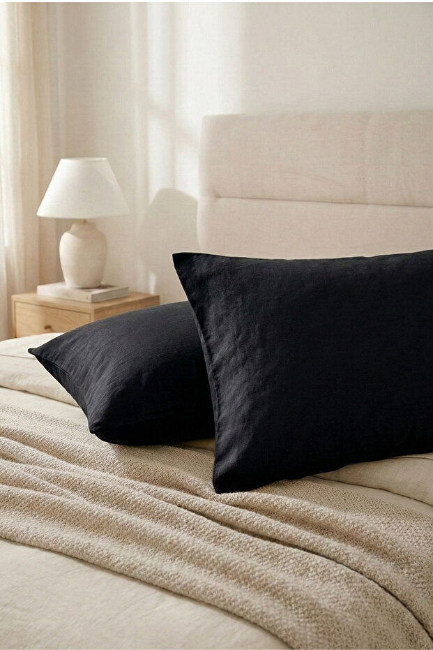 Set of 2 Black Pillowcases 50X70 cm Soft Textured Cotton Ranforce