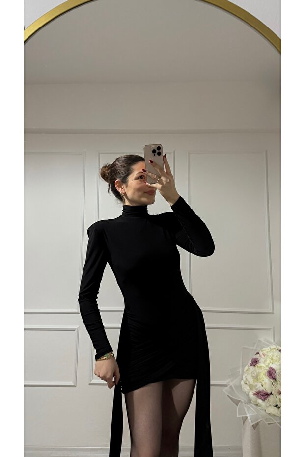 VATKALI DRAPE ETEKLİ ELBİSE - 4