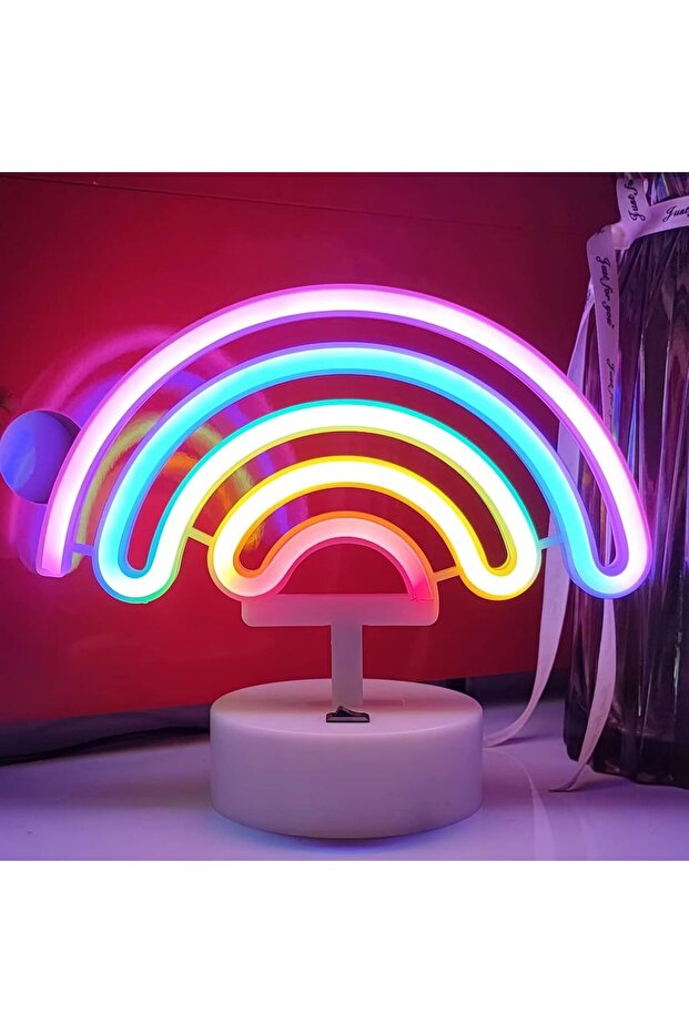 لوحة نيون بألوان قوس قزح، مصباح LED مكتبي وحائطي يعمل ببطارية USB/AA - ديكور طاولة وأطفال