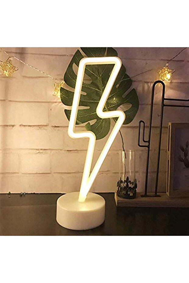 مصباح نيون أبيض دافئ على شكل برق، 31 × 11 سم - مصباح ليلي LED يعمل بمنفذ USB/بطارية