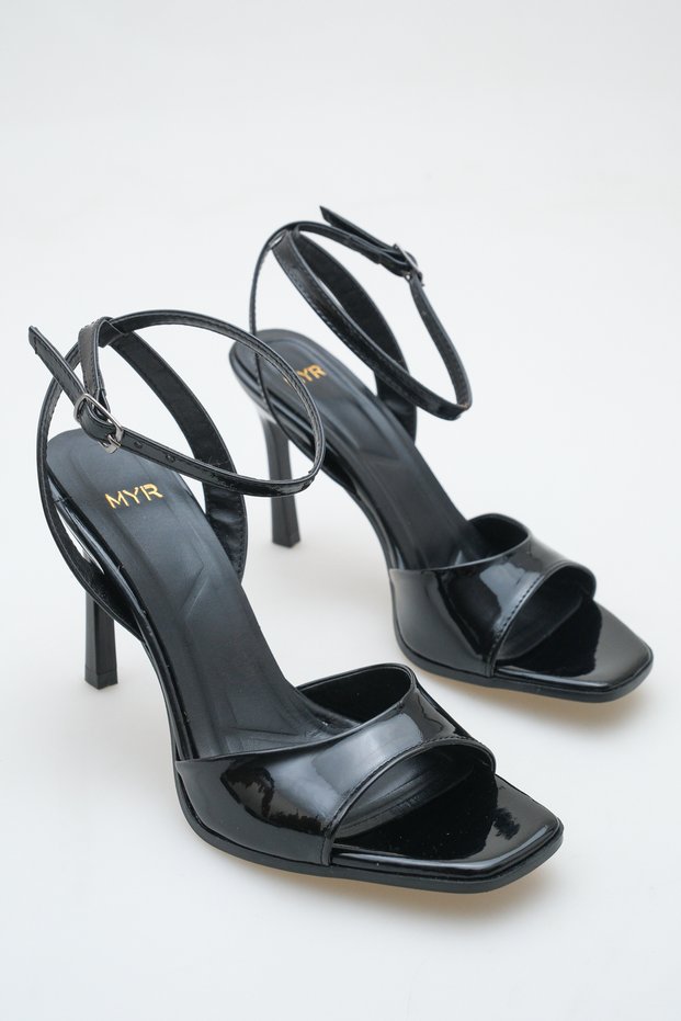 Women's Black Patent Leather Ankle Strap Heeled Shoes