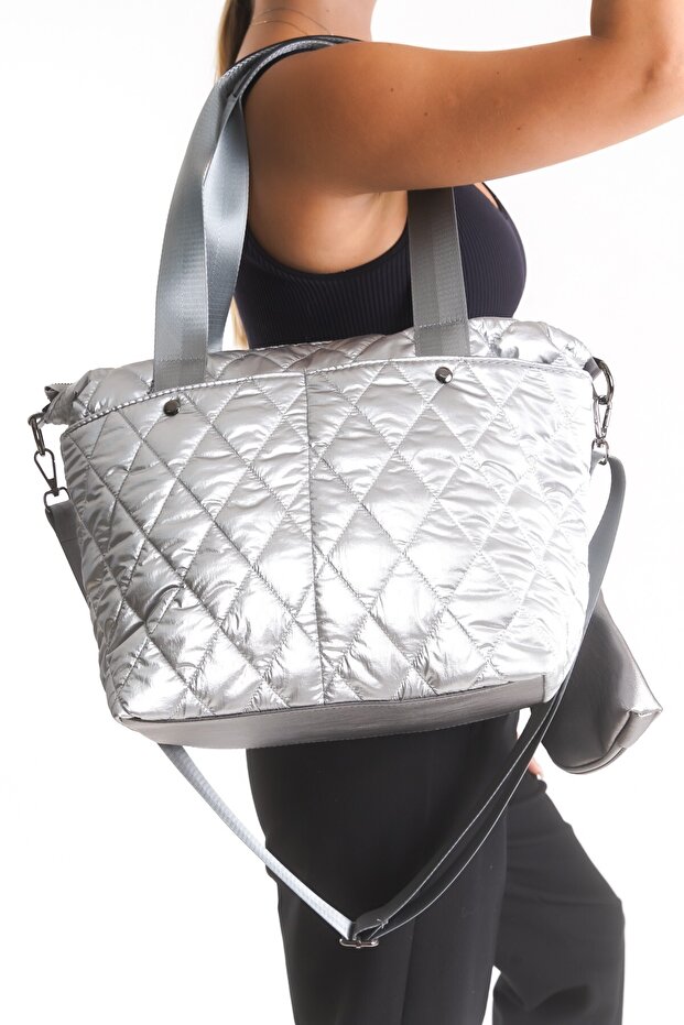 Women's Diamond Pattern Bucket Model Lightweight and Stylish Wallet Shoulder Bag with Shiny Parachute Fabric