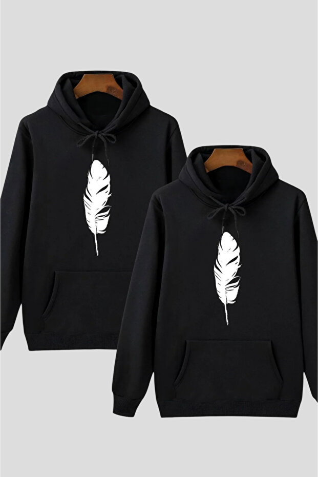 Dear Couple Combination Feather Printed Black Hooded Sweatshirt Set of 2