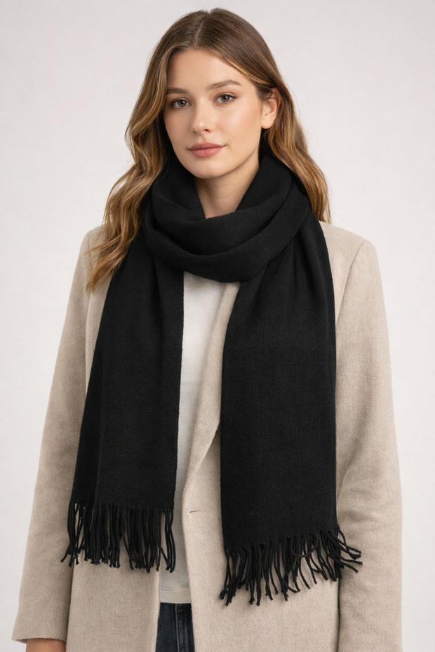 Kadın Unisex Siyah Triko Örme Atkı Kaşkol - 1