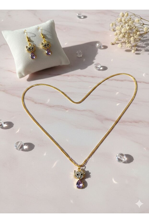 Long Chain Stone Cat Figured Jewelry Set - 60 cm Necklace Earring Set