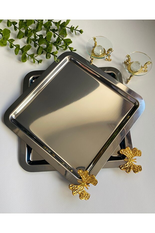 Butterfly Detailed Square Stainless Steel Presentation Tray 2 Pieces