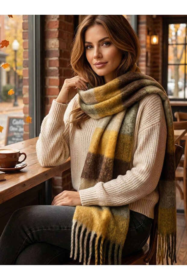 وشاح صوفي ناعم الملمس من الكشمير بنقشة مربعات - 1