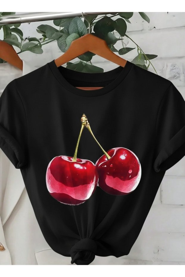 Unisex Cherry Cherry Design Basic Crew Neck Regular T-Shirt 100% Cotton