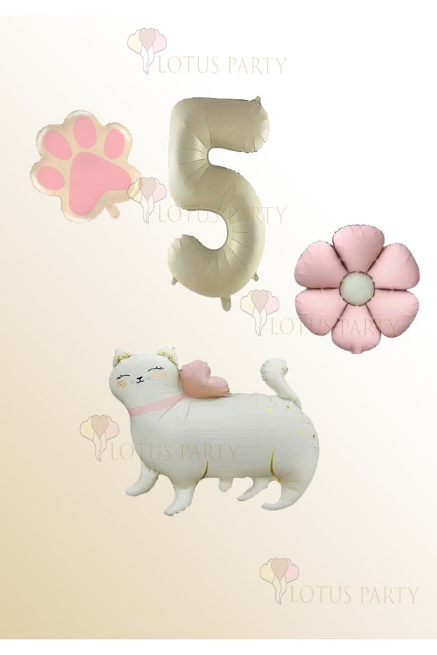 Cat Foil Balloon - Cream Number Balloon - Pink Daisy Balloon Paw Foil Balloon Retro Cat Balloon 5 Years Old