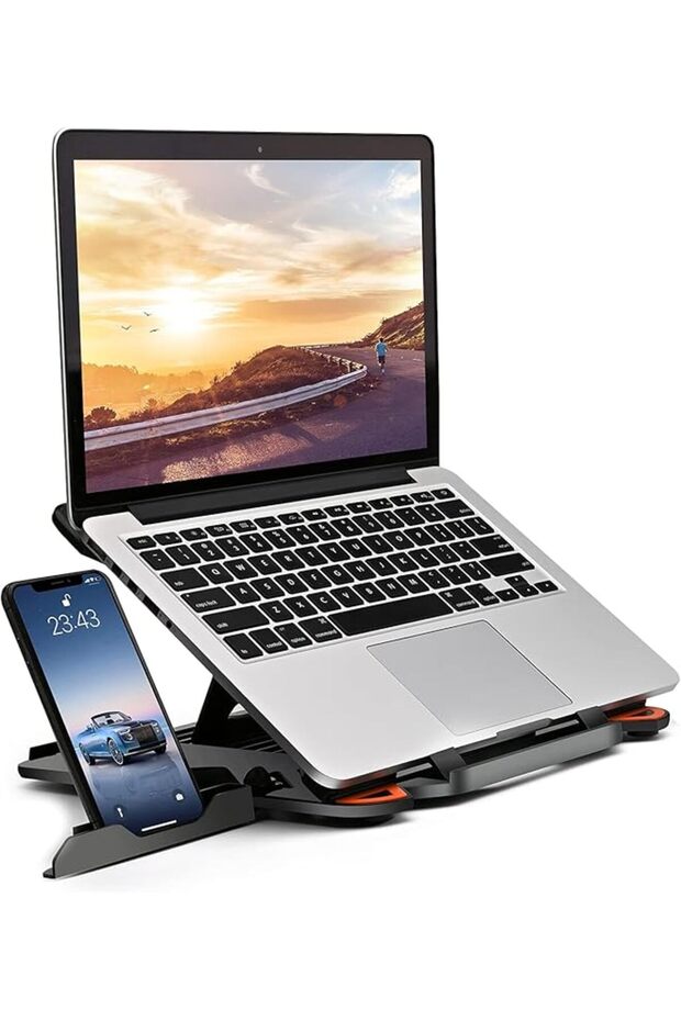 Adjustable Laptop Stand for Desk with Phone Holder & 360° Rotating Base, Foldable Portable Laptop R
