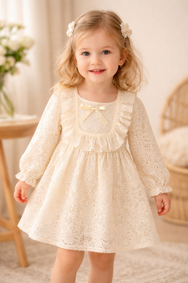 Lace Ruffled Square Neck Girl's Dress – Ecru (2.5 Years)