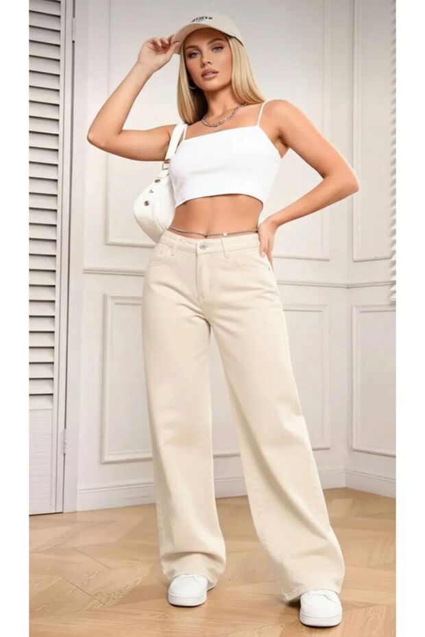 Women's Beige High Waist 100% Cotton Women's Jeans