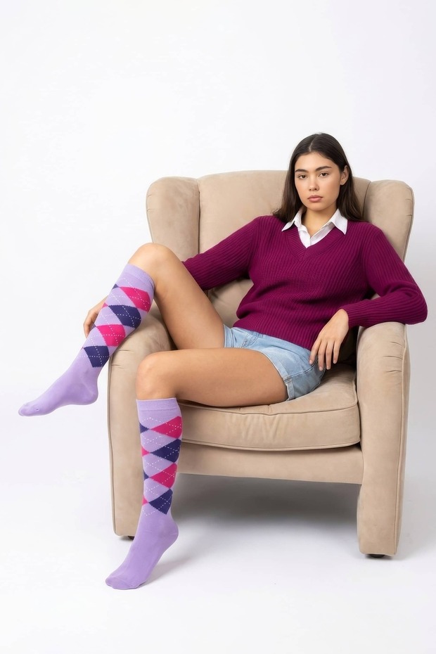 Women's Plaid Premium Knee High Socks - Lilac