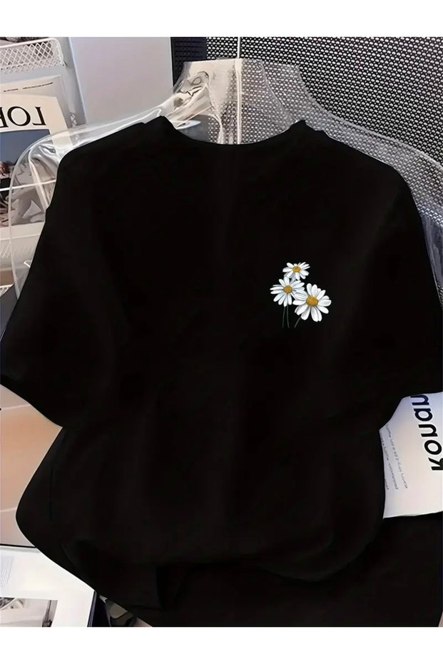 DAISY PRINT WOMEN'S OVERSIZED CREW NECK T-SHIRT