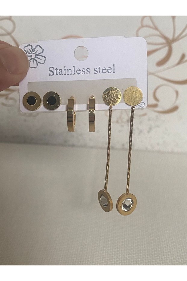 Gold Color Stainless Steel Minimal Hoop and Stone Detailed Long Dangle Women's Earring Set