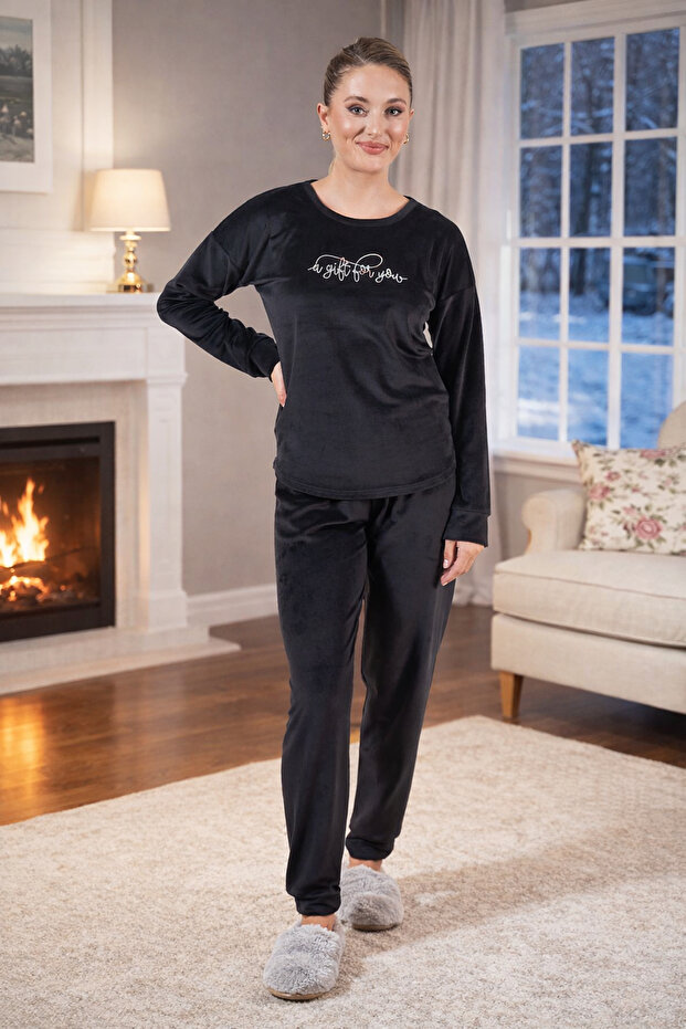 Women's Velvet Printed Pajama Set 25382 Black