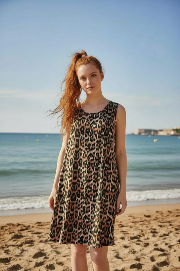 Women's Brown Leopard Print Sleeveless Viscose Bell Summer Dress S-M-L-Xl