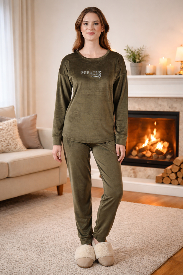 Women's Velvet Printed Pajama Set 25382 Khaki