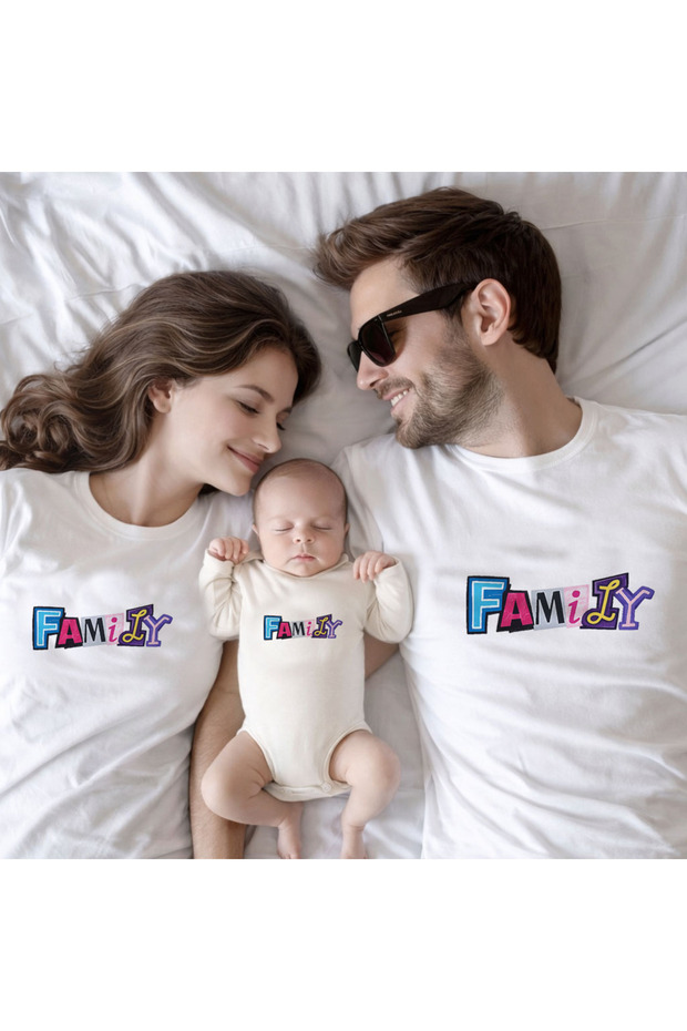 Family Familya Printed Mother Baby Family White T-Shirt Ecru Bodysuit Combination