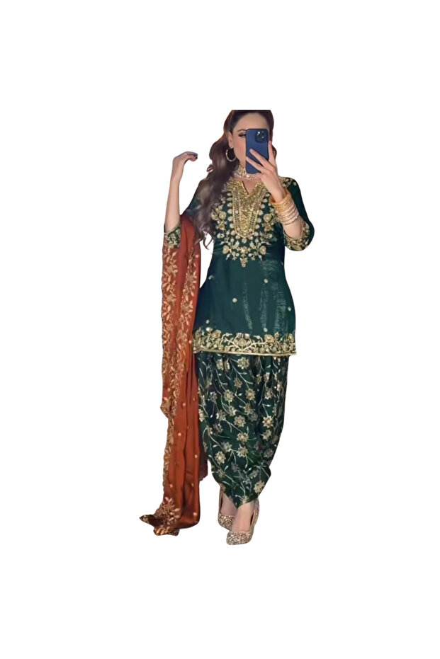 Green Chinnon Silk Top Pant & Dupatta Set - HRT5655 | Green-Size:M-38-Inches
