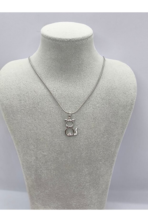 Cat Design Steel Necklace with Stone Details