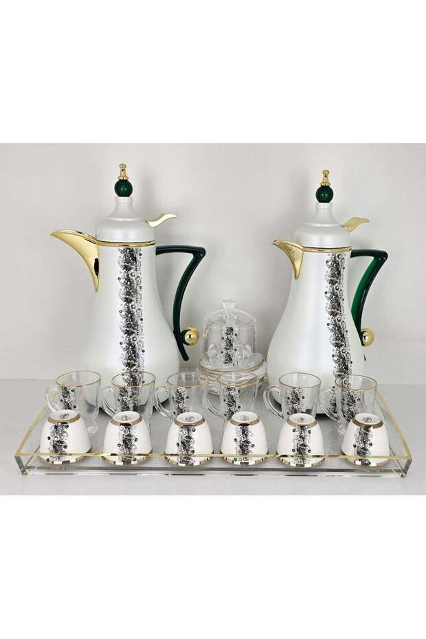 Premium Arabic Coffee & Tea Thermos Set – 2 Elegant Dallah Flasks + 6 Glass Cups + 6 Ceramic