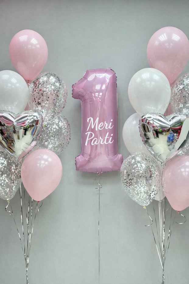 Pink 1St Birthday Balloon Set – Birthday Decoration Set with Confetti & Heart Foil Balloons, Age Options Available
