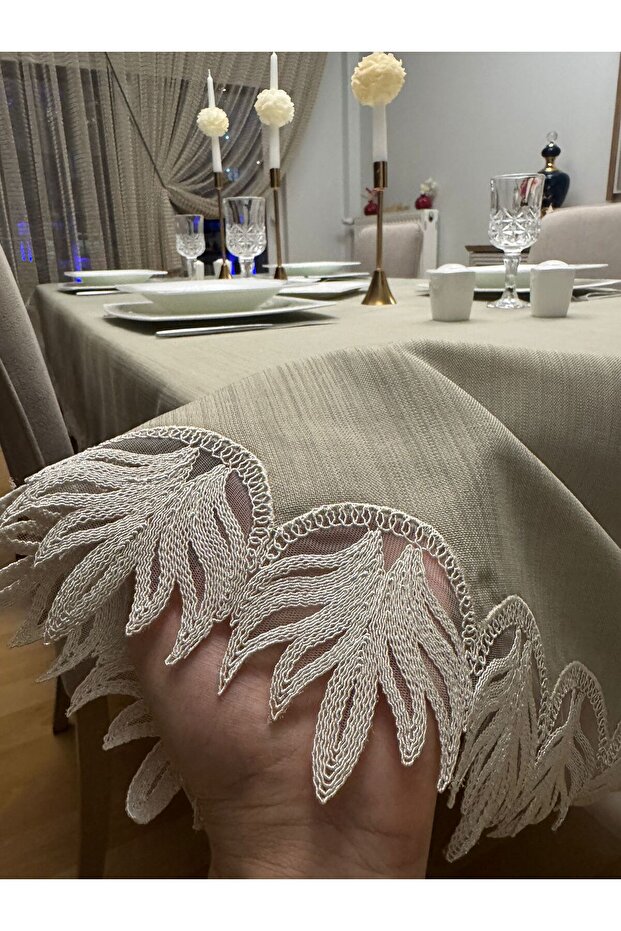 Handcrafted Dowry Lace Detailed Carefree Oval Tablecloth Stone Color