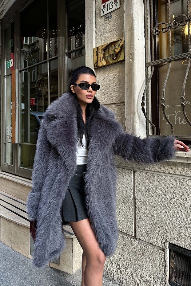 Women's Anthracite Fur Double-Breasted Collar Buttoned Oversized Coat Esr001