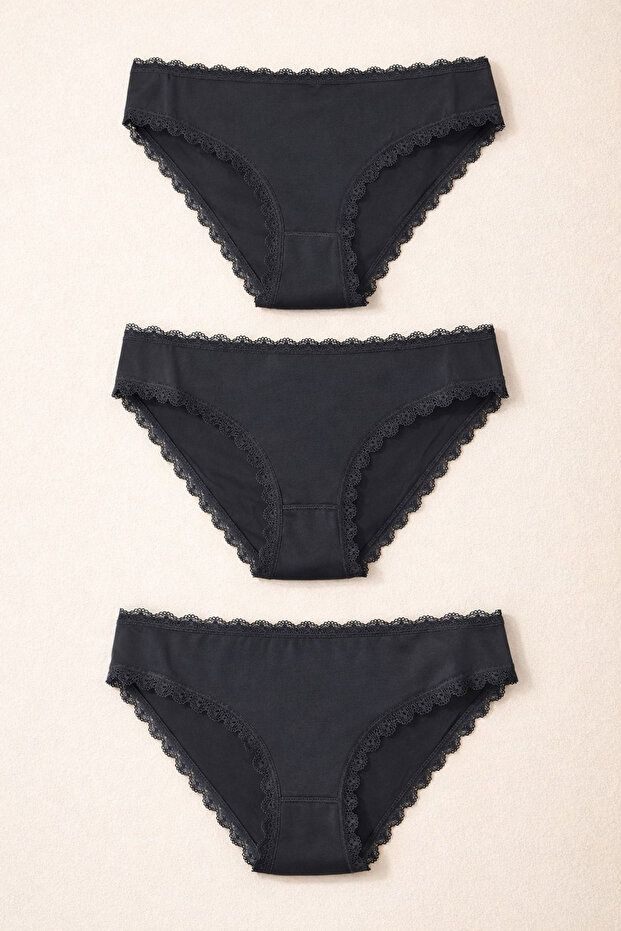 Kadın 3'lü Dantelli Basic Slip Külot Siyah - 1