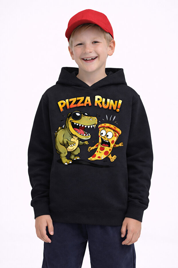 Pizza Run Printed 3 İplik Ş Fleece-Lined K Hooded Children's Sweat