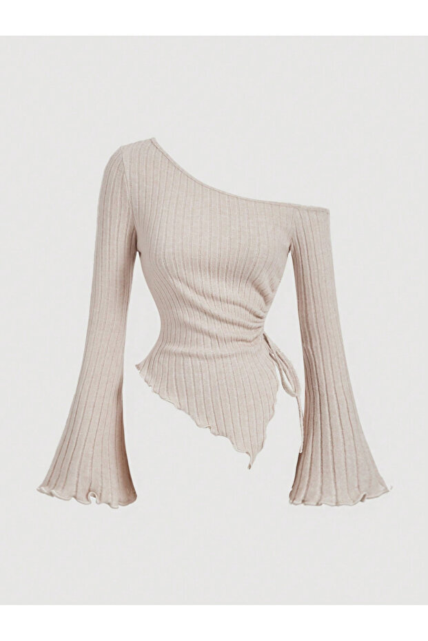 Beige One Shoulder Corded Fabric Knitwear Blouse, Side Gathered Spanish Sleeve Asymmetrical Cut Women's Blouse