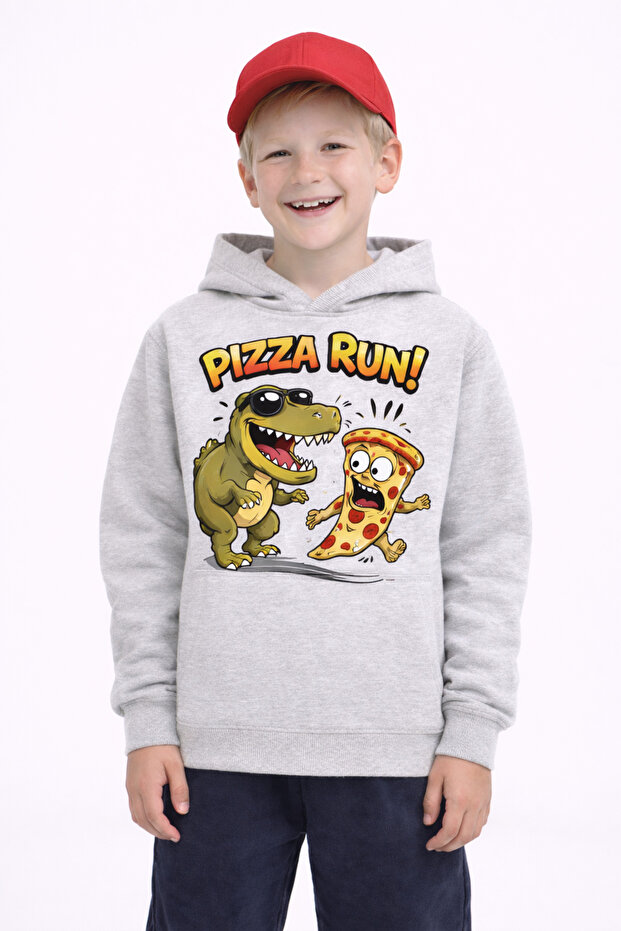 Pizza Run Printed 3 İplik Ş Fleece-Lined K Hooded Children's Sweat