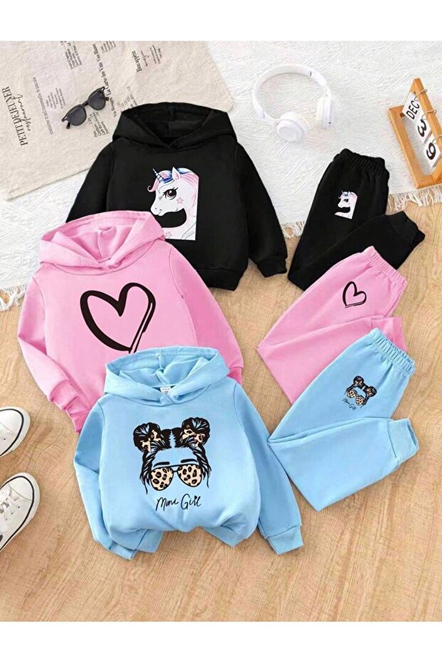 Girls' Six-Piece Three-Piece Set Hooded Tracksuit Set
