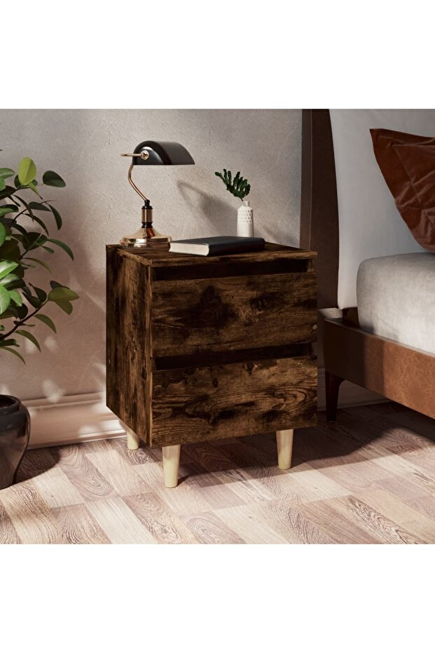 Bed Cabinets with Solid Wood Legs 2 pcs Smoked Oak 40x35x50 cm