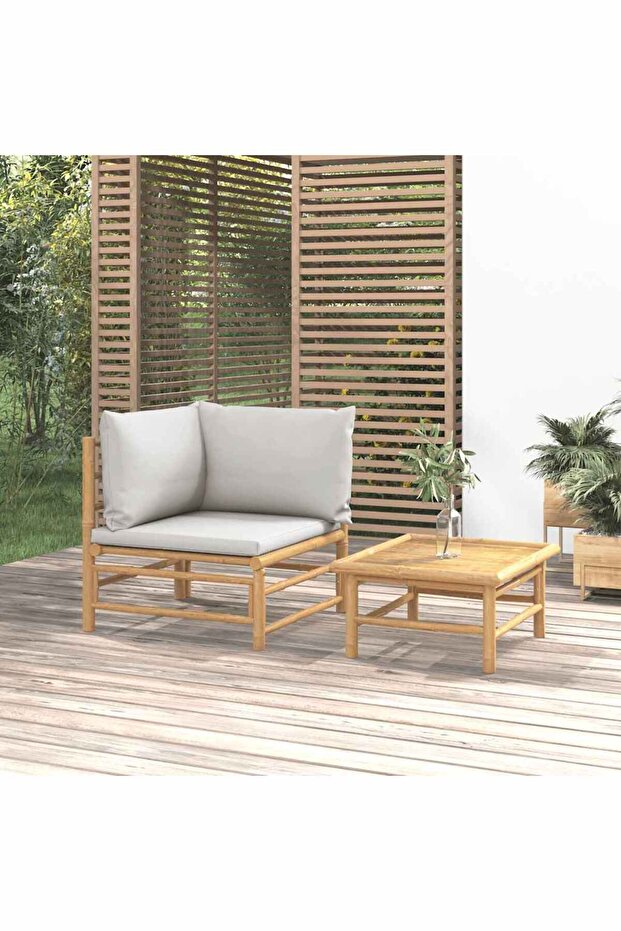 2 Piece Garden Lounge Set with Light Grey Cushions Bamboo