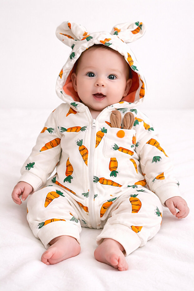 Cotton Carrot Patterned Rabbit Eared Hooded Baby Rompers – Zippered, Unisex