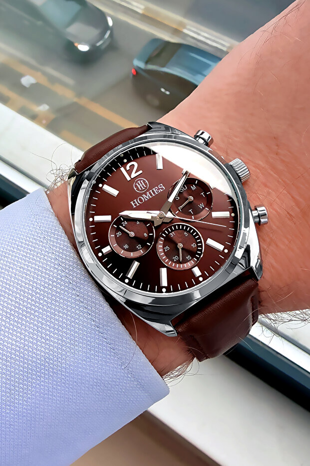 Functions Active Original Brown Genuine Leather Cord Men Wristwatch 3Atm Waterproof Hme2074C3