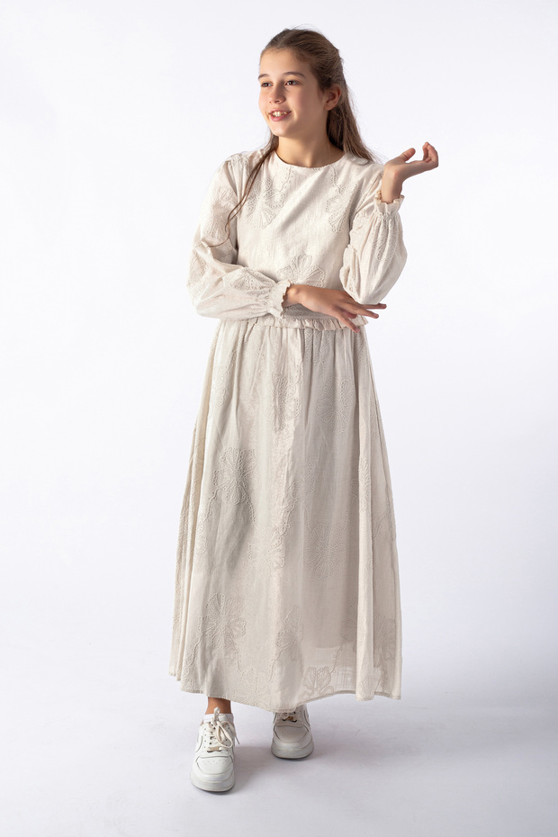 Girl's Suzene Embroidered Dress, 100% Cotton Hijab Dress with Elasticated Sleeves and Ruffle Detail, Ages 7-14
