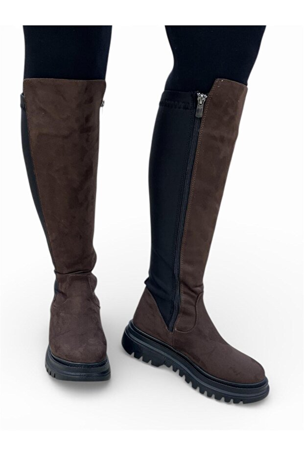 Stretch Boots with Thick Sole Rubber Detail Below the Knee, Suitable for All Sizes
