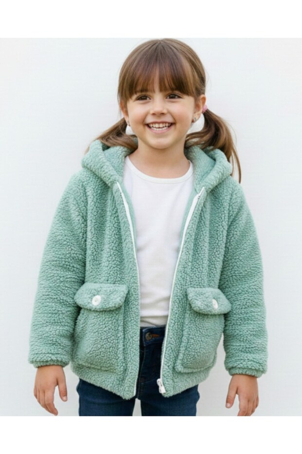 Girl's Pocket Detailed, Winter Plush Lamb Cardigan, 5-6-7-8-9-10 Years Hooded , Coat, Tight Fit