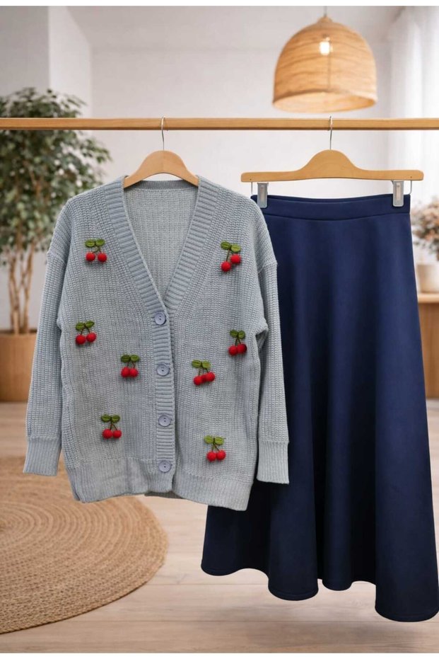 Women's Cherry Detailed Knitwear Cardigan - Puff Scuba Skirt Set -0440